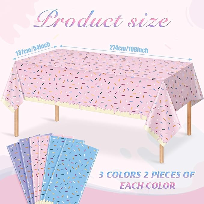 6pcs Sprinkle Ice Cream Party Decorations Tablecloths,Disposable Plastic Rectangle Table Covers for Baby Shower Sweet One Girl Birthday Donut Themed Party Supplies, 3 Color,54 X 108 Inch