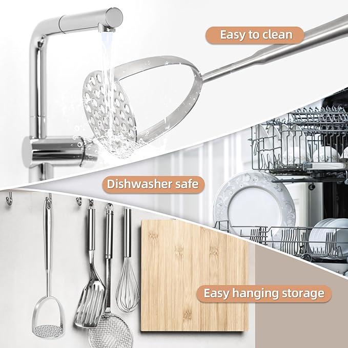 Heavy Duty Mashed Potatoe Masher, Professional Integrated Stainless Steel Potato Masher, Food Masher for Avocado, Potatoes, Beans, Meat, Vegetables, Dishwasher Safe (Heavy Duty stainless steel Masher)