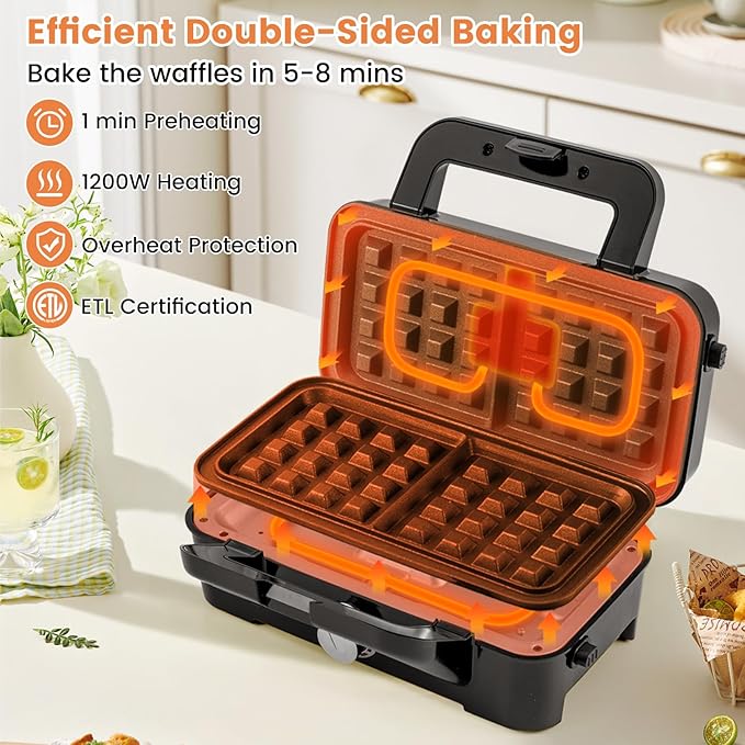 COSTWAY 1200W Waffle Maker with Removable Non-Stick Plates, Panini Grill Press with 5-Gear Temperature Control, 3-in-1 Sandwich Maker for Breakfast