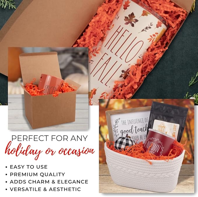 MagicWater Crinkle Cut Paper for Gift Baskets - 2LB - Orange - Perfect for Shredded Paper Filler, Basket Filler, Gift Boxes, Bridesmaid Gifts, Halloween Stuffers & More – Ideal for All Occasions