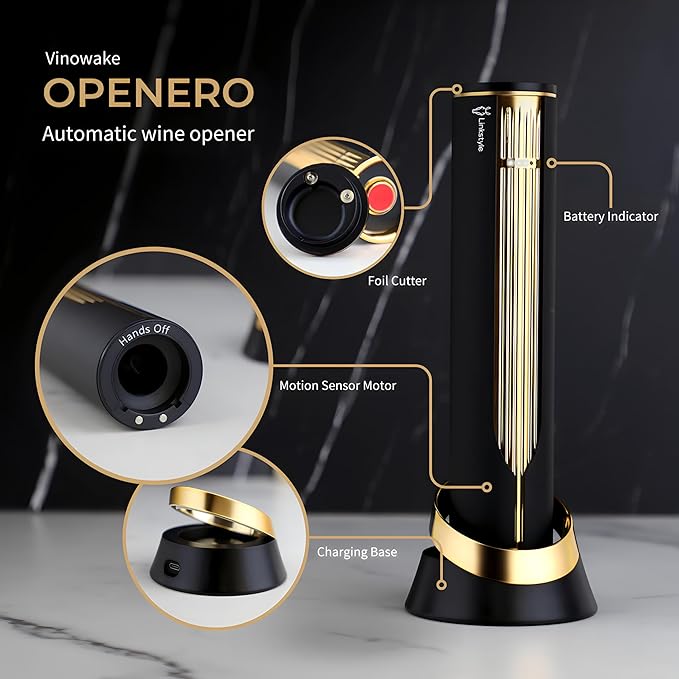 VINOWAKE Openero Electric Wine Opener By LINKSTYLE — Rechargeable Battery with Charging Base, Precision Steel Foil Cutter, Luxurious Matte Finish