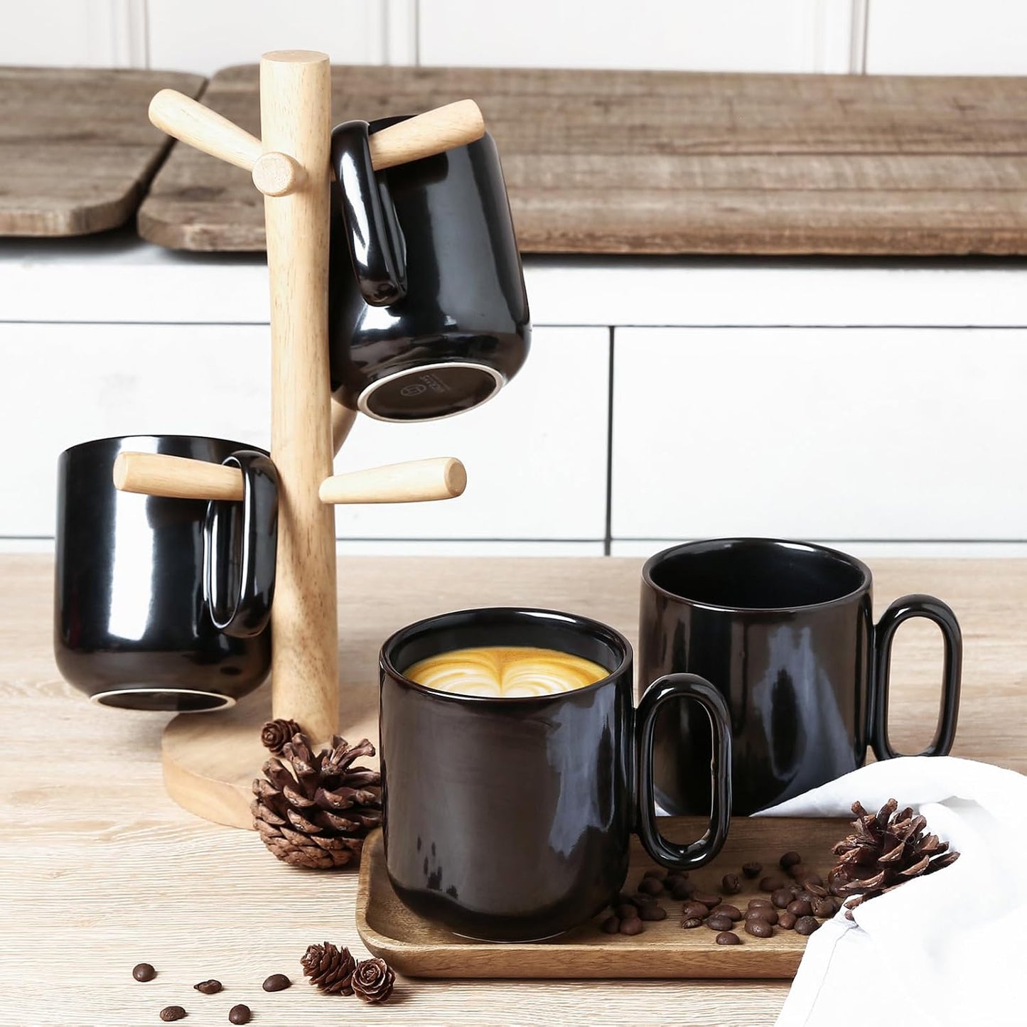 vicrays Ceramic Coffee Mug Set - 18 Ounce Large Stoneware Mug for Men Women - Unique Glazed Porcelain Mugs with Handle for Coffee Latte Tea Milk Cocoa - Set of 4 (Black)