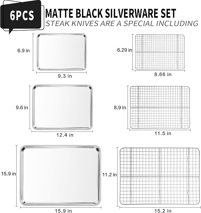 CEKEE Baking Sheet with Wire Rack Set of 6 (3 Cookie Sheets for baking + 3 Cooking Racks), Stainless Steel Stainless Steel Baking Pans Set with Cooling Rack - Heavy Duty & Dishwasher Safe