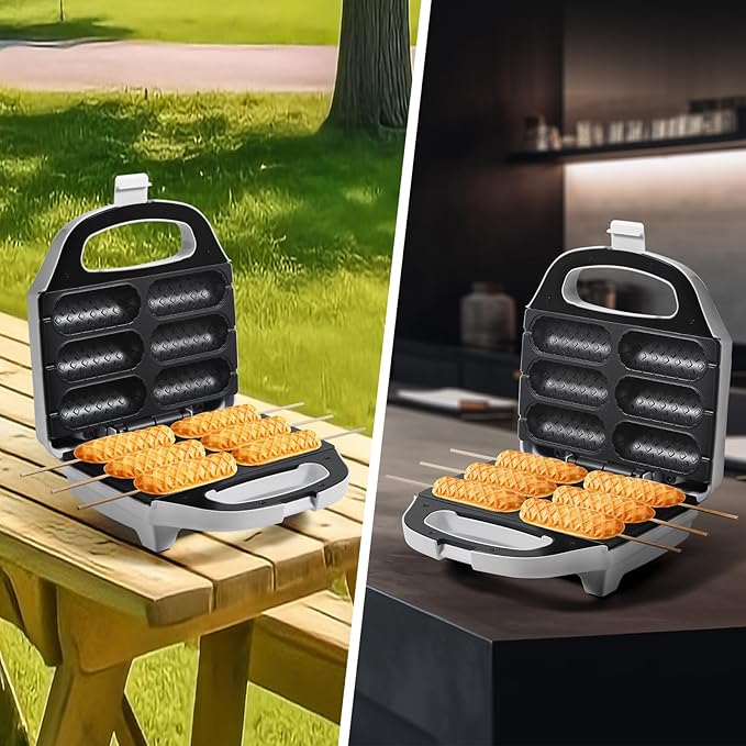 Corn Dog Waffle Maker, Hot Dog Waffle Machine with Non-stick Coating Plate, Hot Dog Maker Toaster Make 6 Corn Dogs, Corn Dog Waffle Machine Make Corn Dog in Minutes, Easy to Clean, White