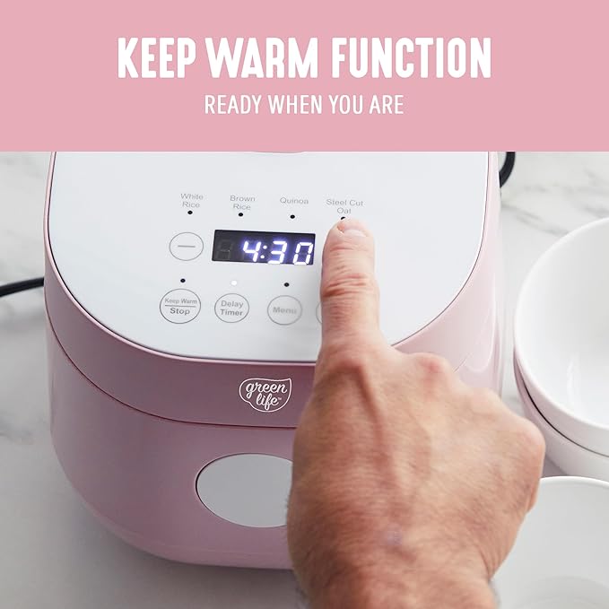 GreenLife Digital Rice Cooker, 2-Cups Uncooked/4-Cups Cooked, Removable Nonstick Ceramic PFAS-Free Pot, One-Touch Presets, Oats, Quinoa, Brown Rice, Auto Keep Warm, Fuzzy Logic Tech, 1.5 QT, Pink