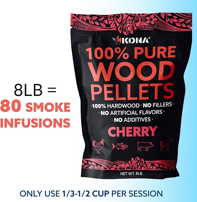 Kona 100% Cherry Wood Pellets - Concentrated, Pure, Old Growth Hardwood Grilling Pellets - for BBQ, Smoker Tubes, Grills - 8 lbs 100% Cherry
