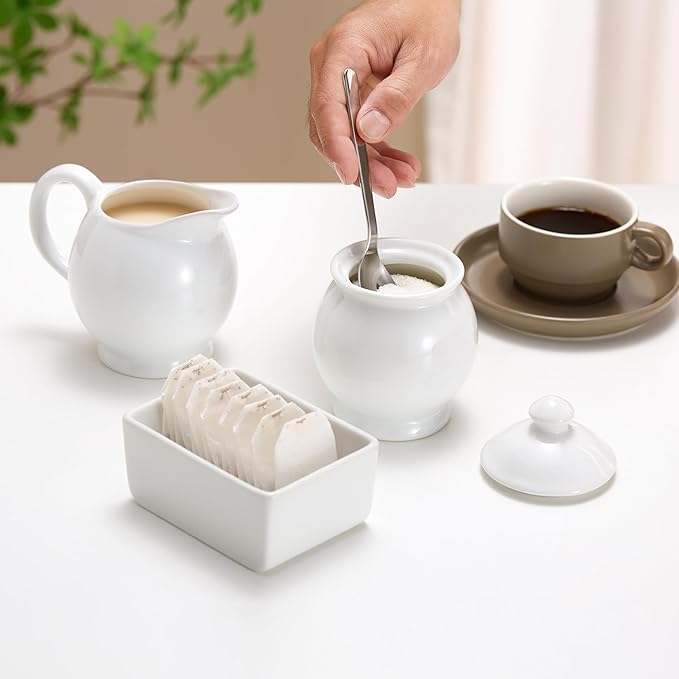 KooK Sugar and Creamer Set, 3 Piece, Pitcher, Sugar Bowl with Lid and Spoon, Sweetener Holder, White (Vintage Design)