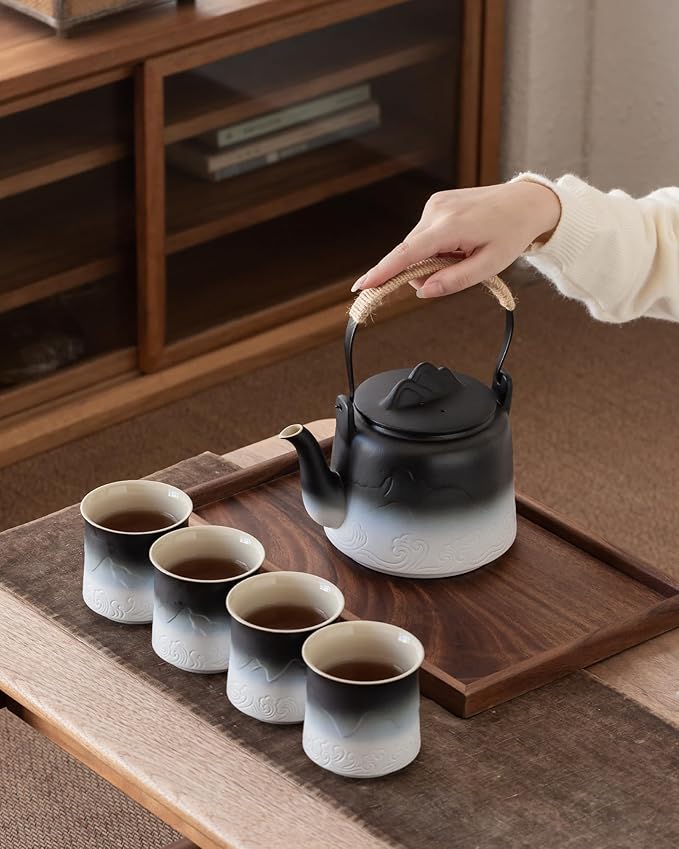 ZENS Vintage Japanese Tea Set, 33.8 oz Gradient Embossed Ceramic Japanese Teapot with Built-in Strainer for Tea Steeper, Hemp Rope Handle Loose Leaf Tea Pot with 4 Cups for Tea Party, Black & White