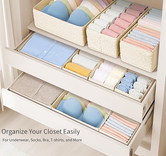 Drawer Organizer Clothes - 12 Pack Dresser Organizer for Nursery, Foldable Sock Underwear Organizer, Baby Drawer Organizer, Small Fabric Storage Bins for Dresser Drawer, Beige