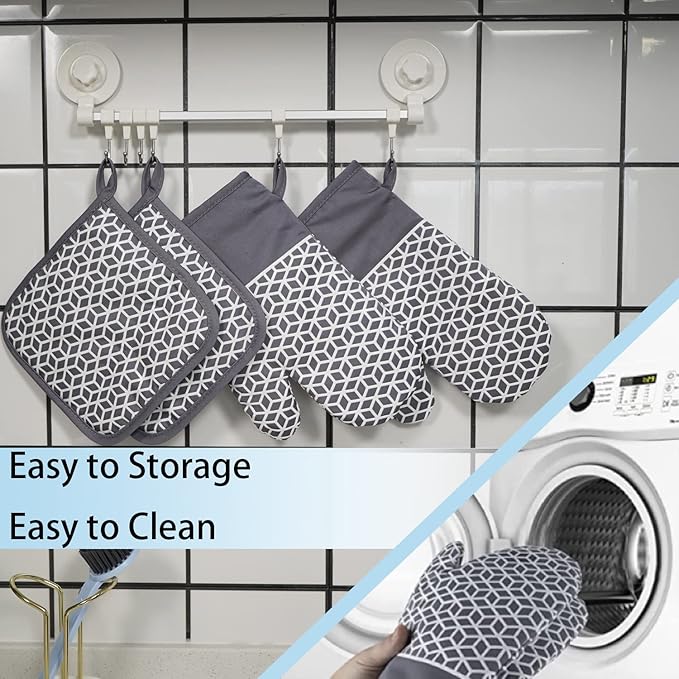 Oven Mitts and Pot Holders Sets 6pcs, Thick Cotton Oven Gloves High Heat Resistant 500℉with Extra Long Oven Mitts and Hot Pads Potholders with Non-Slip Silicone Surface for Cooking Baking
