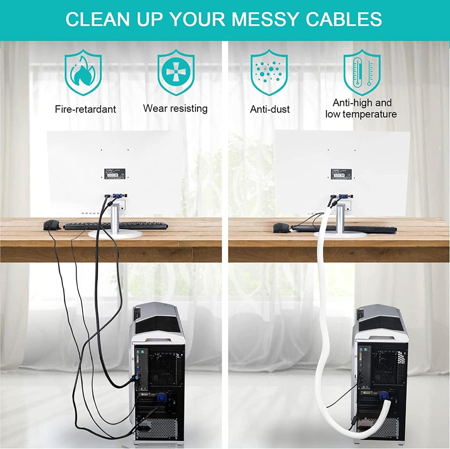 6.6ft - 1.2 inch White Cable Sleeve, Cable Organizer for Desk PC TV Computer, Wire Protector Cable Wrap Cover, Cord Management for Home Office