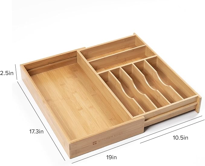Premium Silverware, Flatware and Utensil Organizer for Kitchen Drawers, Food-Safe Contract Grade, Expandable from 10.5 to 19 In, Natural Bamboo