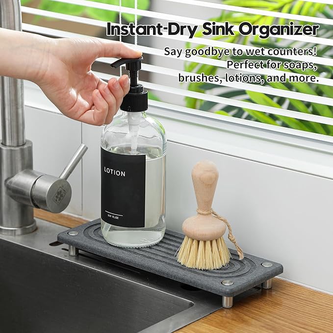 Water Absorbing Stone Sink Caddy Kitchen Sink Organizer Tray, Diatomite Bathroom Counter Tray, Faucet Drying Mat Coaster Soap Dish Rack Riser Dispenser Sponge Holder, Charcoal 10" x 4"