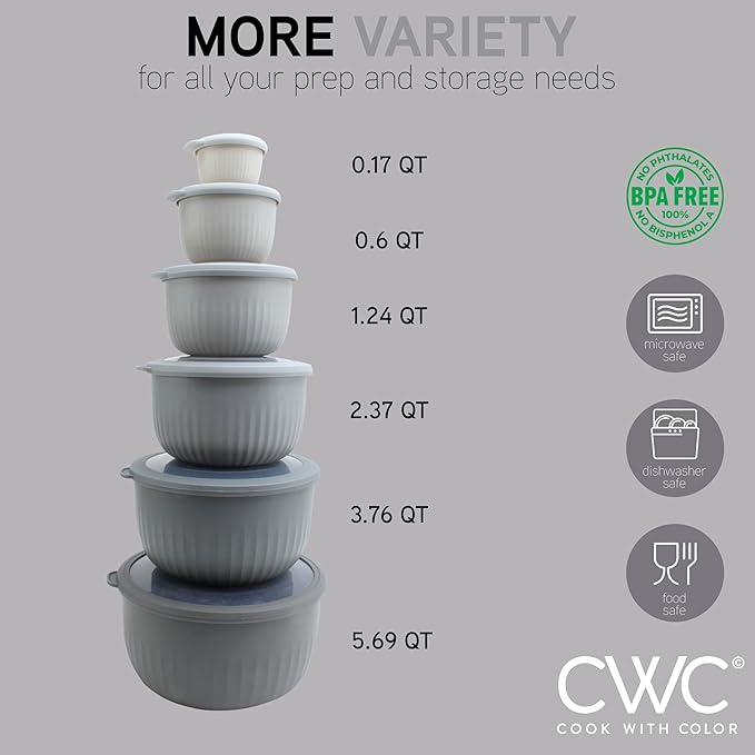 COOK WITH COLOR Prep Bowls with Lids- Wide and Deep Nesting Plastic Small Mixing Bowl Set with Lids, 12 Piece Set - Deep Bowls, Gray
