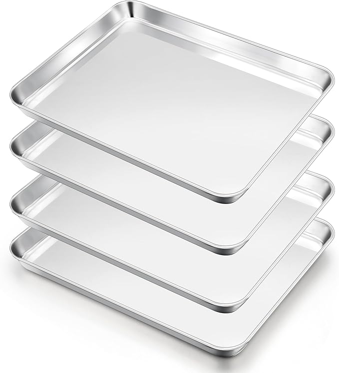 E-far Cookie Sheets Set of 4, 18”x13” Stainless Steel Baking Sheet Pans for Oven, Large Non Toxic Metal Baking Tray for Baking Roasting, Healthy & Rust Free, Mirror Finish & Dishwasher Safe