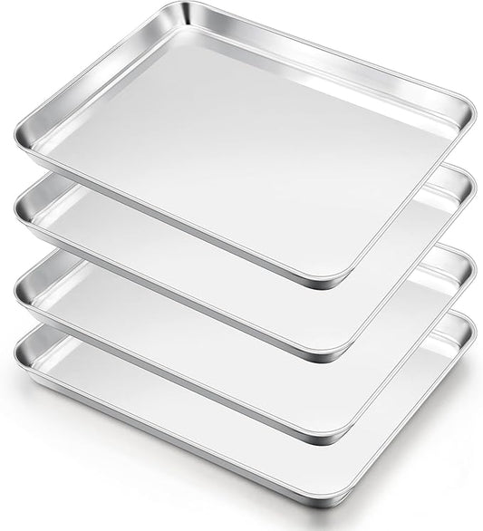 E-far Cookie Sheets Set of 4, 18”x13” Stainless Steel Baking Sheet Pans for Oven, Large Non Toxic Metal Baking Tray for Baking Roasting, Healthy & Rust Free, Mirror Finish & Dishwasher Safe