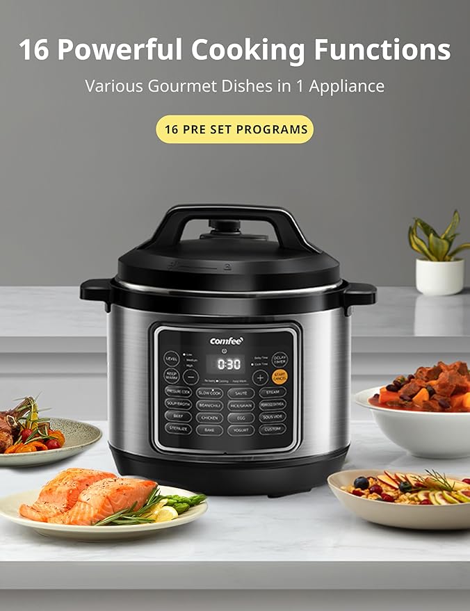 COMFEE’ Pressure Cooker 8 Quart with 16 Cooking Functions, Olla de Presion Non-Stick Pot Yogurt Maker Rice Cooker Slow Cooker Sauté Steamer, Healthy Ceramic Inner Pot
