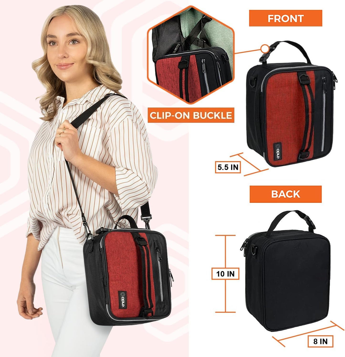 opux Insulated Lunch Box for Men Women Adult, Compact Lunch Bag for Kids Boy Girl Teen, Soft Lunch Cooler Bag for Work School, Leakproof Lunchbox Lunch Pail with Clip-on Buckle, Heather Red