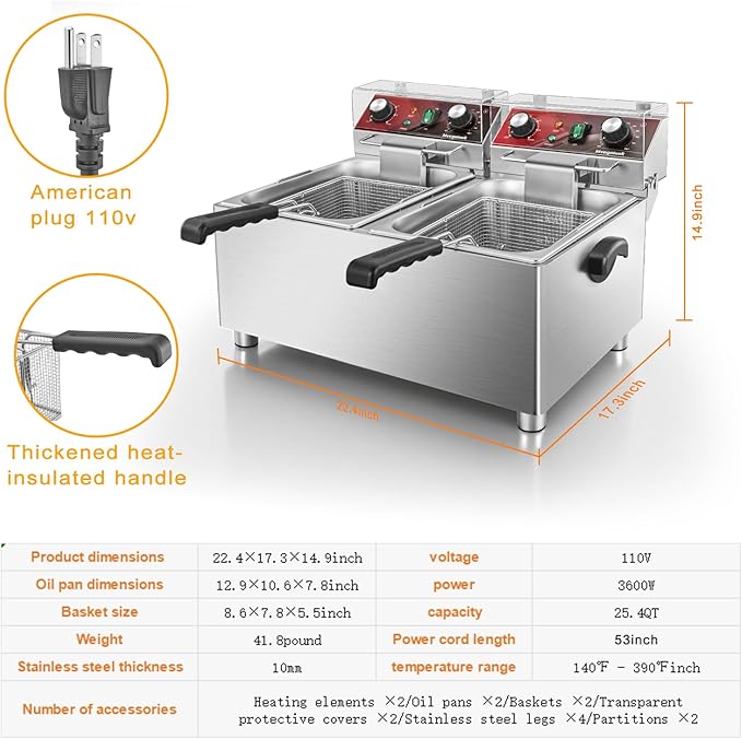 Mvegoiuok Commercial Double Deep Fryer With 2 Basket large deep fryer 3600W Electric Oil Fryer Pot for Home Use 25QT Fish Fryer With Oil Filtration Stainless Steel Frier