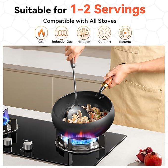 WANGYUANJI 9.5-Inch Wok Pan with Lid – Handmade Round Cooking Wok, Deep Frying Pan with Detachable Wooden Handle, No Chemical Coated Wok Flat Bottom for Induction & Gas Stoves