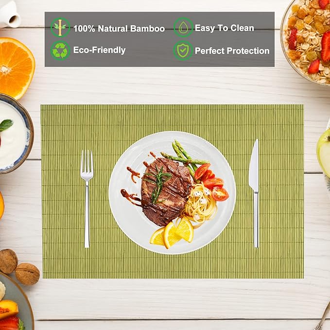 ANDSTAR Set of 8 Pcs Bamboo Placemats Sushi Rolling Mat Japanese Style Natural Anti-Slip Bamboo Placemats Washable Heat-Resistant Table Mats for Dining Room and Kitchen（Green）