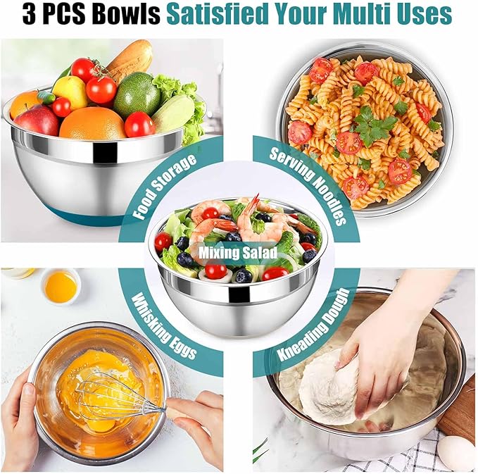 P&P CHEF Mixing Bowl with Lids Set of 3, Stainless Steel Nesting Salad Bowls for Serving Preparing, 3 Grater Attachments & Non-Slip Bottoms, Size 1.5/2.6/4.6 QT, Blue