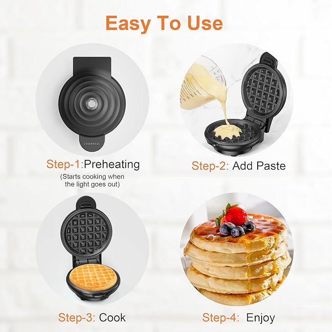 CROWNFUL Mini Waffle Maker, 4" Chaffle Maker with Compact Design, Easy to Clean, Non-Stick Surface, Recipe Guide Included, Perfect for Breakfast, Dessert, Sandwich, or Other Snacks