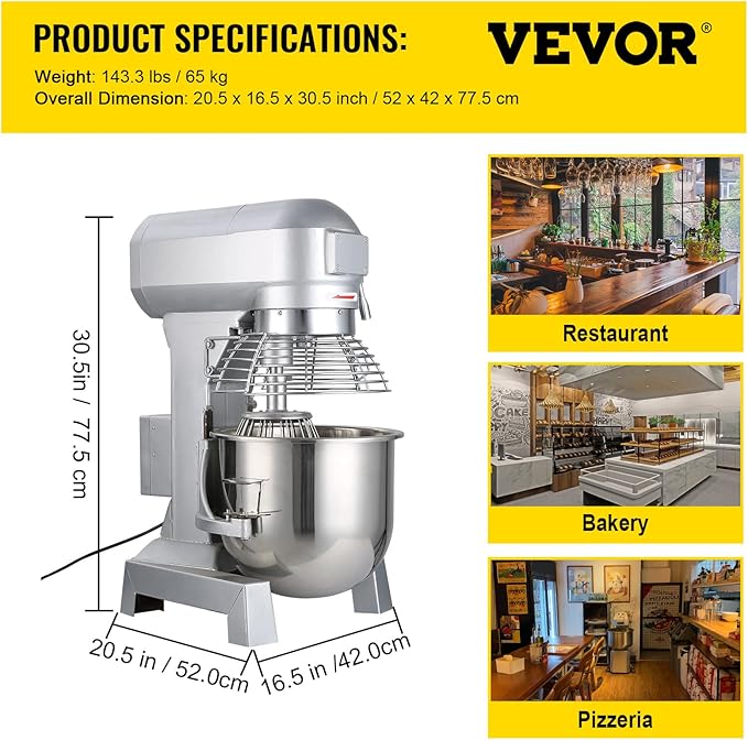 Happybuy 20Qt Commercial Food Mixer with Timing Function， Commercial Mixer 1100W Stainless Steel Bowl Heavy Duty Electric Food Mixer Commercial with 3 Speeds Adjustable, Perfect for Bakery Pizzeria