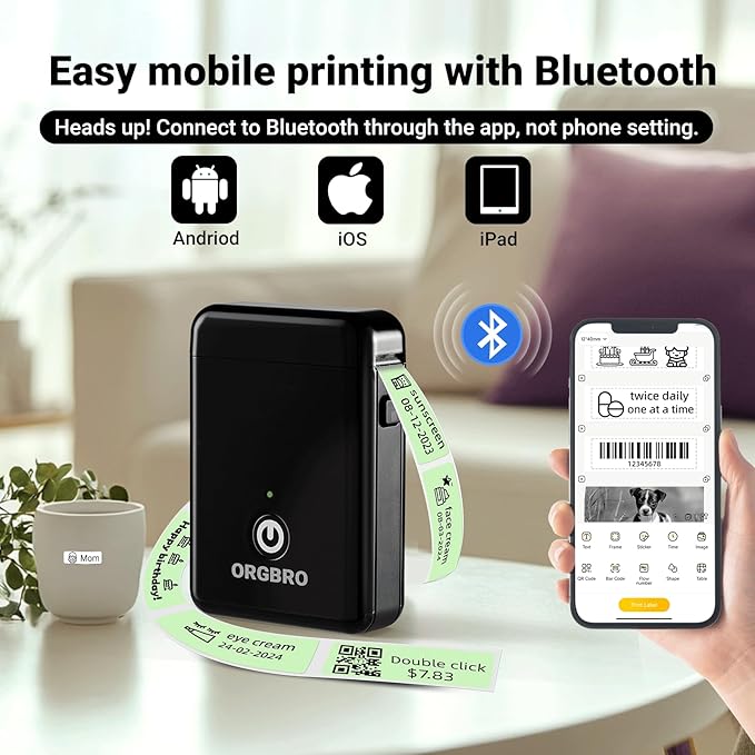 ORGBRO Label Maker Machine with Tape, X1 Portable Bluetooth Mini Label Printer, Support Pre-Cut & Continuous Label, Wireless Small Label Makers with Versatile App for School Home Office Organization