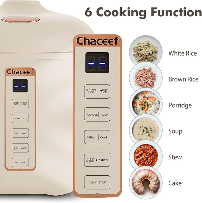 CHACEEF Mini Rice Cooker 2 Cups Uncooked, 1.2L Rice Cooker Small, Portable Non-Stick Small Travel Rice Maker, BPA Free, Smart Control Multifunction Cooker with 24 Hours Timer Delay & Keep Warm Function, Beige
