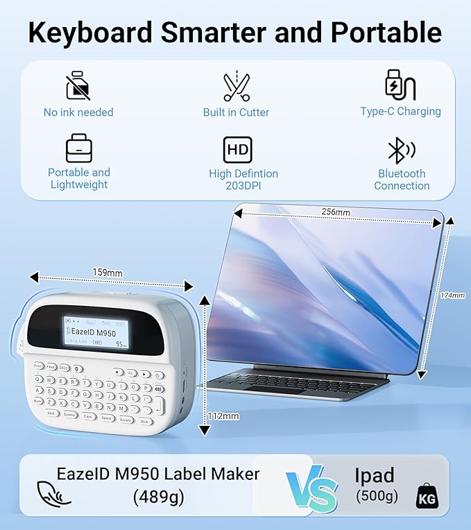 Label Maker Machine with-Tape Waterproof, Keyboard Label Maker Rechargeable, Bluetooth Labeler Portable with Backlit Screen for Home Office School Kids Use, M950