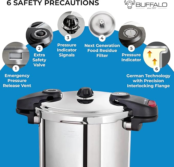Buffalo Pressure Cooker 8 Qt Stainless Steel - Small Canning Pot with Lid for Home, Commercial Use - Easy to Clean Stove Top Pressure Canner, Can Cooker - SG Certificate QCP408
