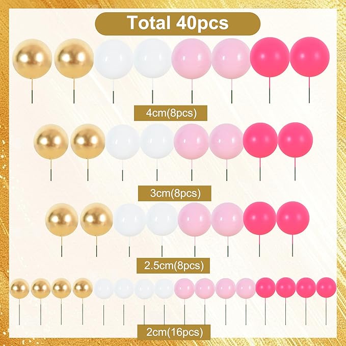 BEISHIDA 40 Pcs Foam Ball Cake Toppers with Sticks Mini Cake Decorations for Birthdays, Weddings, Baby Showers, DIY Baking Supplies, Anniversary Party (Hot Pink，Pink，White，Gold)