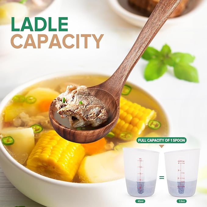 Wooden Soup Spoon for Cooking, Teak Acacia Soup Ladle, Non-Toxic Natural Wood Serving Spoon for Gravy Sauce Porridge, Long Handle Deep Scooper Server Utensil, No-Scratch Cookware Surface,10.6″