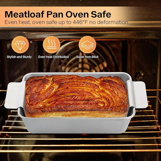 Meat Loaf Pan with Drip Tray, Meatloaf Pan 2LB, 2-Set Meatloaf Pan with Drain Tray Nonstick, Large Rectangular Pans for Baking Bread, Meat and Draining Grease Off, Oven Safe, Silver