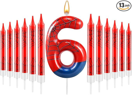 13 Pcs Spider Themed Birthday Candle Set Red Spider Theme Number 6 Candle Cake Topper for Boys Girls Birthday Decoration Spider Party Decoration Supplies (Number 6)