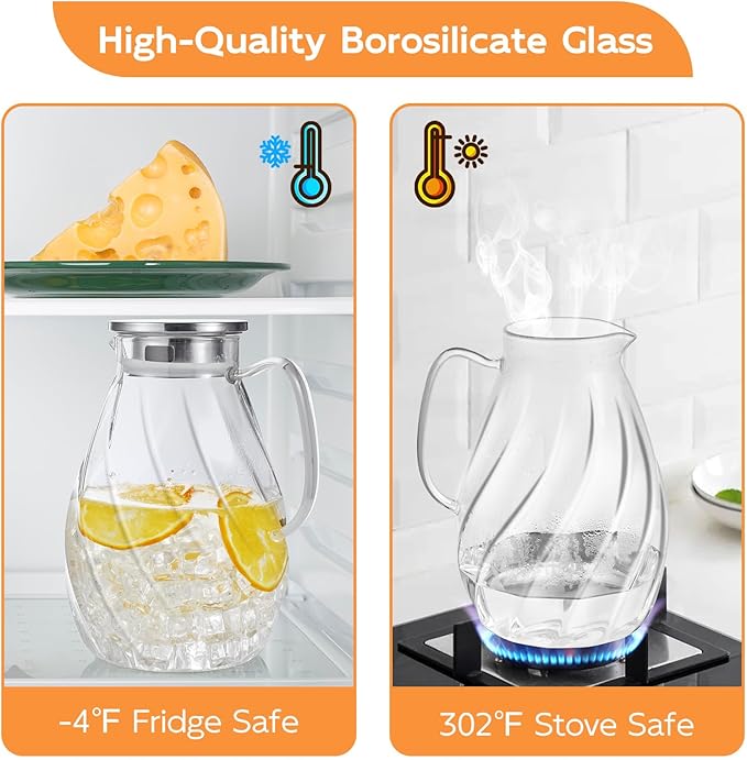DRASTAR Glass Pitcher with Lid, 2.2L Water Pitcher, 74oz Tea Pitcher for Drinks, Borosilicate Glass Water Jug Cold Or Hot Beverages, Lemonade Pitcher, Glass Water Carafe With Lid
