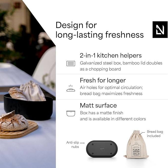 LARS NYSØM Bread Box I Metal Box with linen bag for long lasting freshness I Bread Bin with bamboo lid usable as cutting board I 14.2x7.5x5.1 In (Carbon Black)