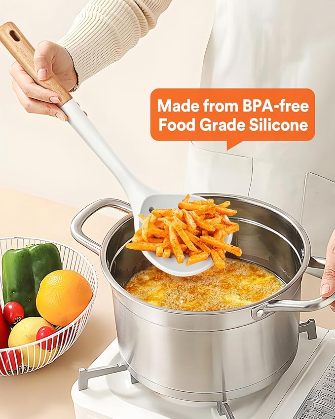 Kitchen Ladle Strainer, Large Slotted Spoon with High Heat Resistant BPA Free, Non Stick Cooking Skimmers For Draining & Frying, 13.2inch (Black & White)