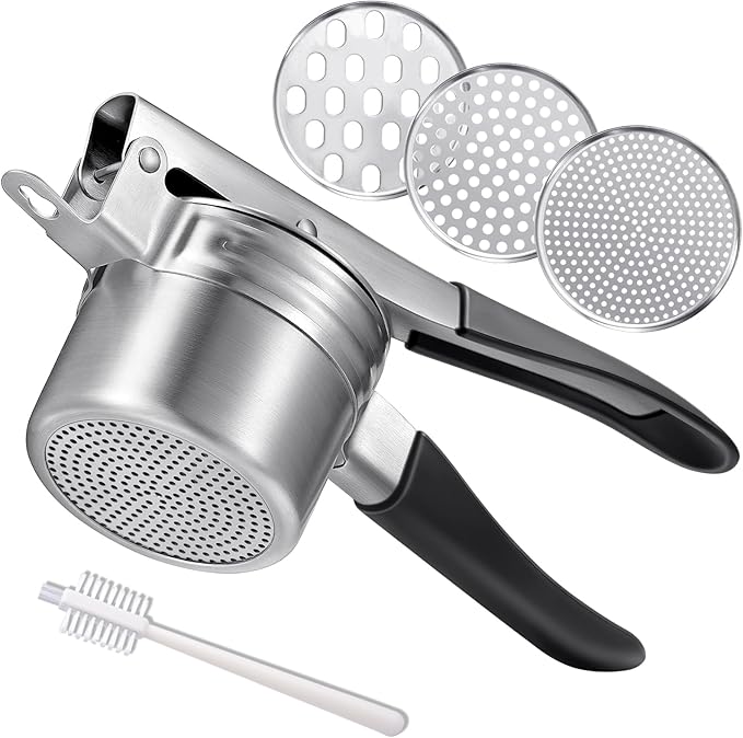 Potato Ricer, AMOHEE 15oz Stainless Steel Potato Masher Upgrade Heavy Duty Design with Anti-Slip Handle Ricer for Mashed Potatoes, Carrots, Yams, Black