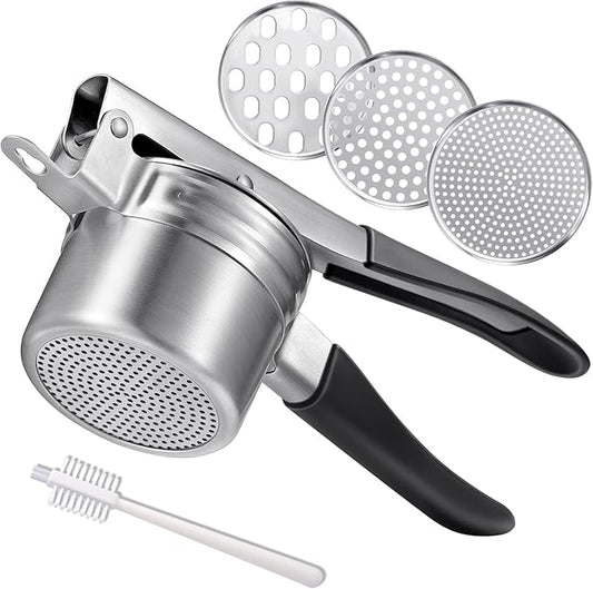 Potato Ricer, AMOHEE 15oz Stainless Steel Potato Masher Upgrade Heavy Duty Design with Anti-Slip Handle Ricer for Mashed Potatoes, Carrots, Yams, Black