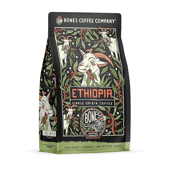 Bones Coffee Company Ethiopia Single-Origin, Citrus, Floral and Berries Notes, Ground Coffee Beans, Low Acid Light Roast Arabica Beans Flavored Coffee, 12 oz Ground