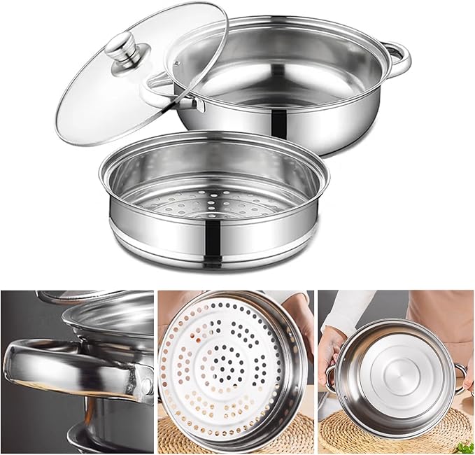Steamer for Cooking,28cm Steamer Pot with Glass Lid,11 inch Steam Pots with Lid 2-tier for Cooking Veggies Fish Seafood Noodles, Pasta, Food
