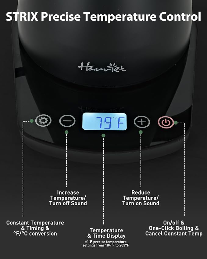 Harriet Gooseneck Electric Kettle - 1200W Fast Heat, 0.8L Stainless Steel, Precision Temp Control & Timer, Wood Handle, Pour Over Coffee and Tea, Black