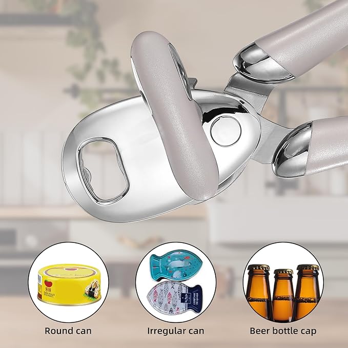 Multi-function Manual Can Opener Bottle Opener, Oversized Hand-held Easy Rotary Knob, Safe Cut Can Opener with Non-Slip Handle, Smoother Cut Sharp Blade for Seniors Kitchen Tool, Grey