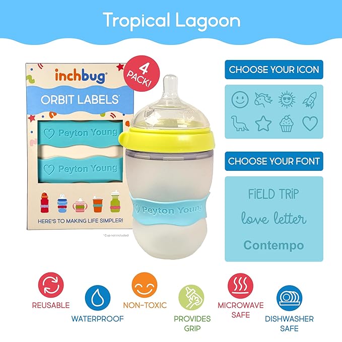 InchBug Orbit Labels - Baby Bottle Name Labels for Daycare, Sippy Cup Bands - Engraved Silicone, Reusable, Dishwasher Safe, Matching Color Personalization, 4-Pack (Tropical Lagoon)