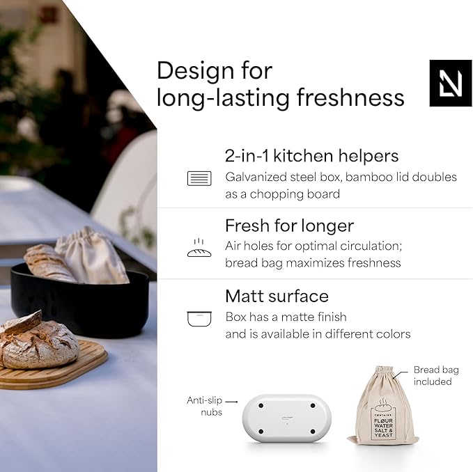 LARS NYSØM Bread Box I Metal Box with linen bag for long lasting freshness I Bread Bin with bamboo lid usable as cutting board I 14.2x7.5x5.1 In (Pure White)