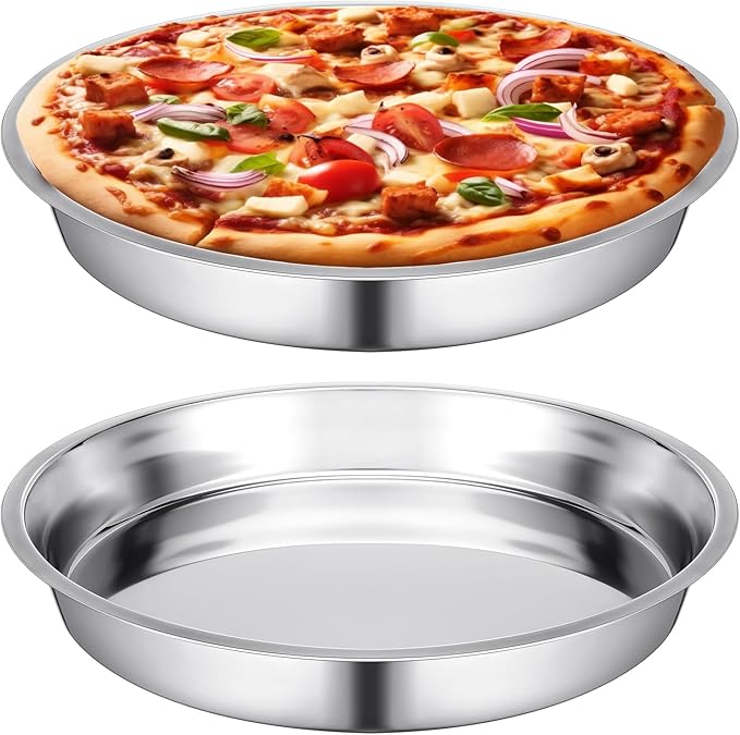 Nuogo 2 Pcs 16 Inch Large Deep Pizza Pans Stainless Steel Pizza Tray Round Oven Tray Rust Proof Reusable Bakeware Cooking Pan Dishwasher Safe for Baking, Serving, and Displaying Cookie Pie