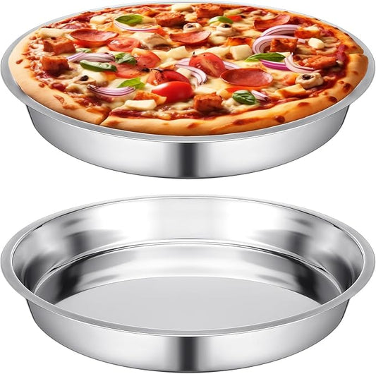 Nuogo 2 Pcs 16 Inch Large Deep Pizza Pans Stainless Steel Pizza Tray Round Oven Tray Rust Proof Reusable Bakeware Cooking Pan Dishwasher Safe for Baking, Serving, and Displaying Cookie Pie