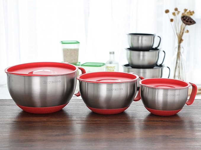 Rorence Mixing Bowls with Lids Set: Stainless Steel Mixing Bowls with Handles, Non-Slip Bottom & Pour Spout - Red, 3 quarts